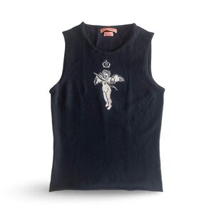 QUEENE BELLE Black Sleeveless Cashmere Knit Top with Angel Design